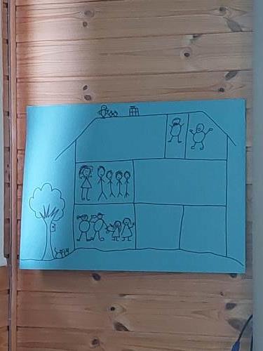 Hilde har tegnet et hus som eksempel på ulike familier som kan bo på samme sted. 